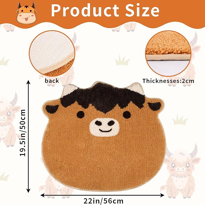 Highland Cow Bath Rugs for Bathroom,Soft Tufted Absorbent Bath Rug with Non-Slip,Cow Face Bathroom Rugs for Shower Bath and Bedroom,22 * 20inch