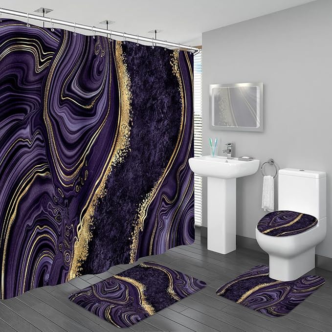 4PCS Purple Gold Marble Bathroom Sets with Shower Curtain and Rugs, Abstract Luxury Shower Curtain Sets with Rugs, Modern Bathroom Curtains Shower Set with Toilet Lid Cover