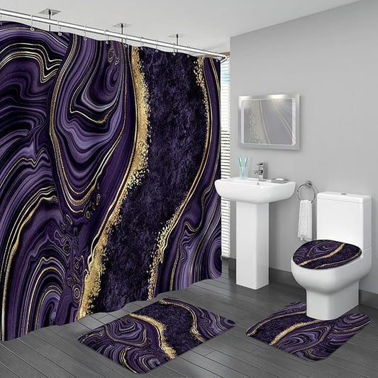 4PCS Purple Gold Marble Bathroom Sets with Shower Curtain and Rugs, Abstract Luxury Shower Curtain Sets with Rugs, Modern Bathroom Curtains Shower Set with Toilet Lid Cover