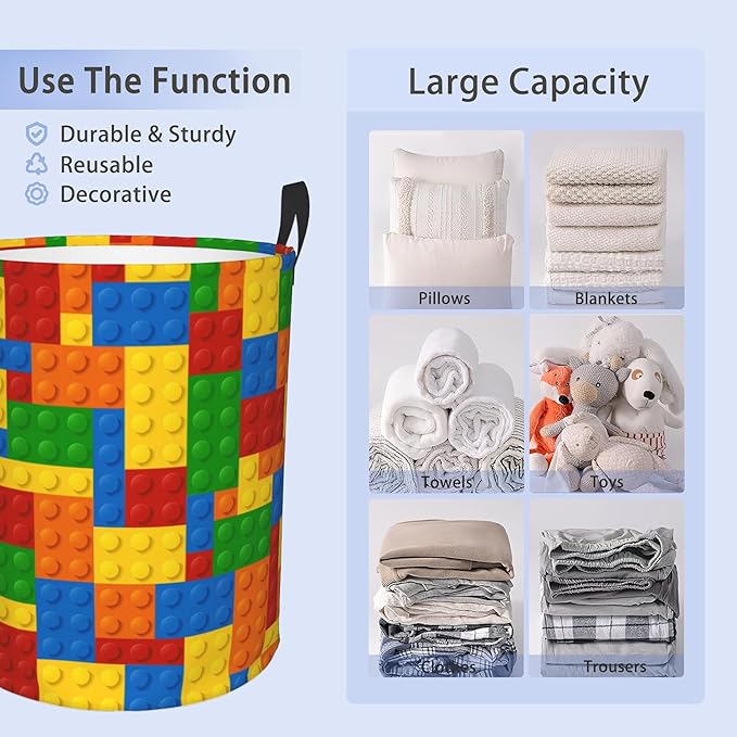 Laundry Basket, Dirty Clothes Basket, Foldable Waterproof Oxford Cloth Storage Basket for Bedroom, Bathroom, Clothes,Large Storage Basket Home Decoration(Colorful Building Blocks)