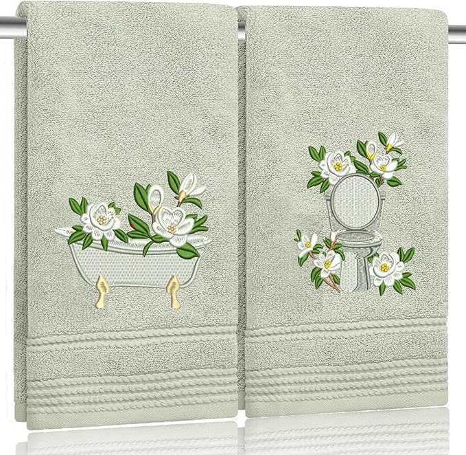 2pcs Sage Green Magnolia Hand Towels for Bathroom Decorative Towels Set 100% Cotton cute Embroidered Spring summer floral bath towels dish kitchen towels Farmhouse Bathroom Decor Gift(Green Magnolia)