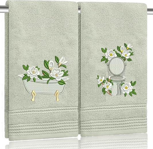 2pcs Sage Green Magnolia Hand Towels for Bathroom Decorative Towels Set 100% Cotton cute Embroidered Spring summer floral bath towels dish kitchen towels Farmhouse Bathroom Decor Gift(Green Magnolia)