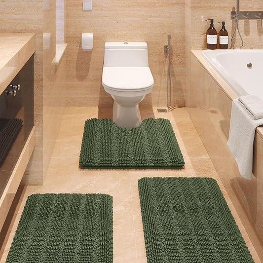 ACCUMTEK Christmas Striped Oliver Green Bathroom Rug Set 3 Pieces Ultra Soft, Non Slip Chenille Toilet Mat, Absorbent Plush Shaggy Bath Mats for Bathroom, Bedroom, Kitchen