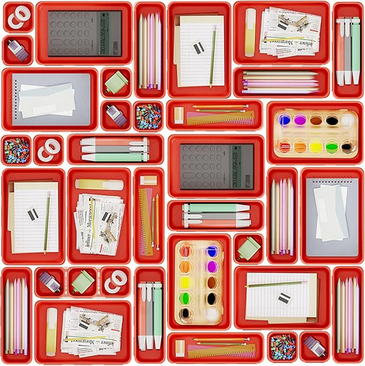 45 Pack Desk Drawer Organizer Tray, 3 Sizes Plastic Drawers Organizer Storage for Kitchen, Bathroom, Office, Vanity, Makeup, Utensils, Junk Drawer Organizer Bins, Gadget Trays for Organizing, Red
