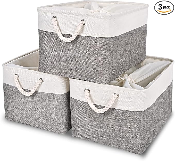 HOdo Home 15.8×11.8×9.5 In/3PCS Storage Bins, Fabric Bin with Drawstring Closure and 2 Bold Handles, Collapsible Large Canvas Baskets for Organizing Shelf Nursery Home Closet (White and Grey)
