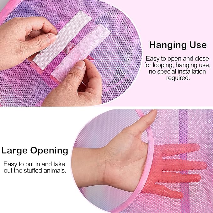 Basumee Stuffed Animals Net or Hammock 2 Pcs Stuffed Animals Storage Toy Net Hammock for Plushies Storage Organizer Mesh Kids Girls Room Decor, Pink, 4 Tiers