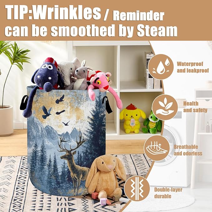 Misty Forest Deer Laundry Basket, Foldable Waterproof Laundry Hamper Tote Bag Dirty Clothes Storage Bucket Toy Organizer for Bathroom/Laundry/Bedroom 15.7"x19.6"