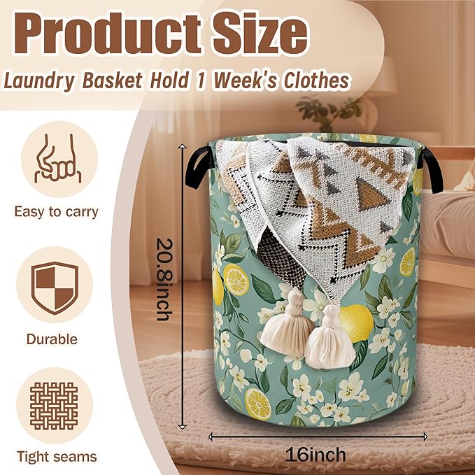 Vintage Lemon Flowers Laundry Basket,Waterproof Foldable Laundry Hamper,Dirty Clothes Basket, Linen Bin Storage Organizer Collection 16" x 20.8"