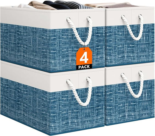 Storage Bin,Collapsible Storage Basket For Organizing,Large Storage Boxes With Rope Handles,Storage Containers,White & Blue,4 Pack