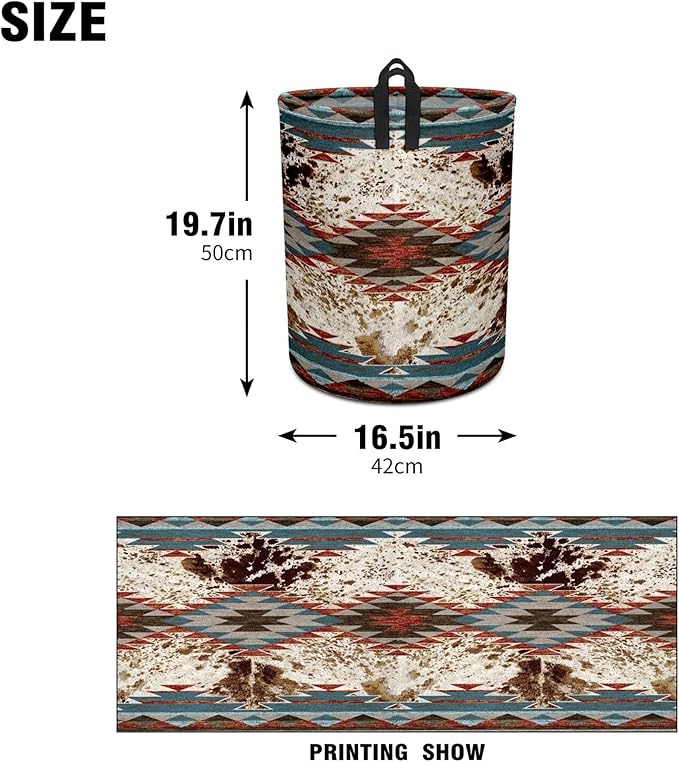 Western Aztec Cow Print Baby Laundry Hamper,Laundry Basket,Waterproof Storage Bin for Bedroom,Clothes Organizer Basket,Toys Box,Room Decor