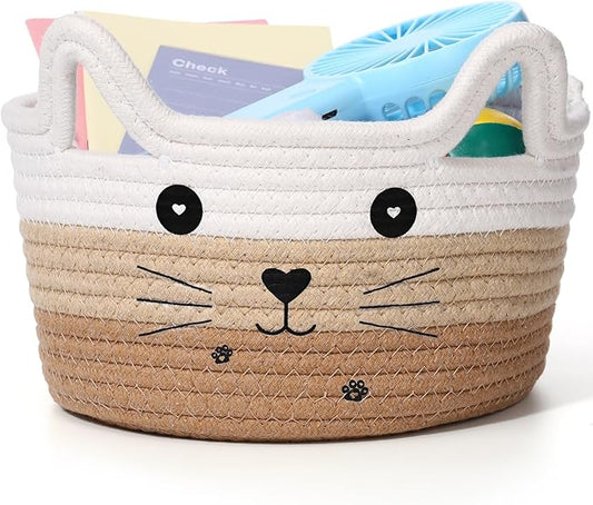 Zopeal Cat Basket Storage Woven Organizer with Ears Christmas Decorative Pet Toy Cute Cotton Rope Basket for Gift Cat Dog Toy Bin Nursery Room(8.3 x 4.7 Inch,White Khaki Brown)
