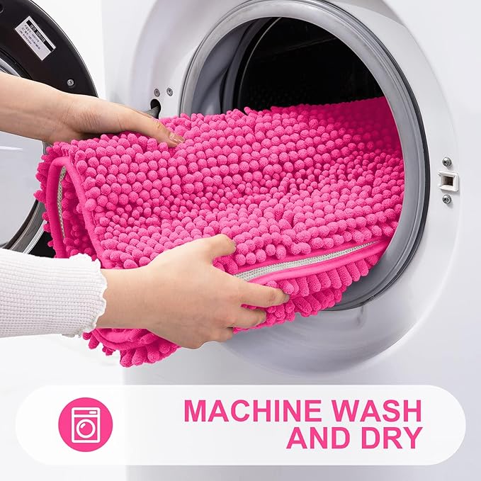 Grandaily Chenille Striped Bathroom Rugs 24x16, Extra Thick and Absorbent Bath Mats, Non-Slip Soft Plush Shaggy Shower Carpet, Machine Wash Dry, Bath Rug for Bathroom, (Small, Deep Pink)