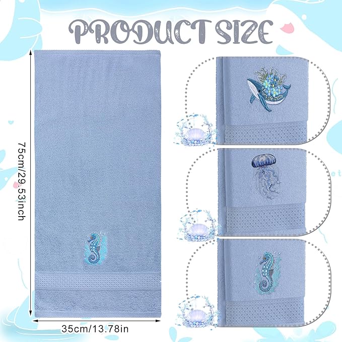 3 Pack Ocean Hand Towels for Bathroom 100% Cotton Embroidered Seahorse Jellyfish and Floral Whale Soft Absorbent Bathroom Towels Sea Coastal Hand Towel Gift for Summer Holiday, 13.78 x 29.53