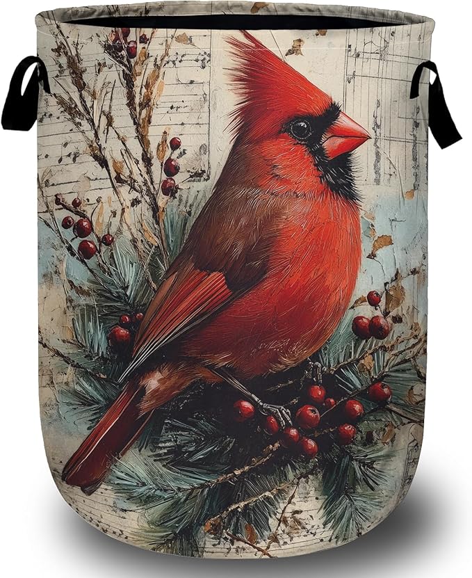 Vintage Red Bird Watercolor Laundry Basket, Red Cherry Branch Laundry Hamper Tote Bag Dirty Clothes Storage Bucket Toy Organizer for Bathroom/Laundry/Bedroom 15.7"x19.6"