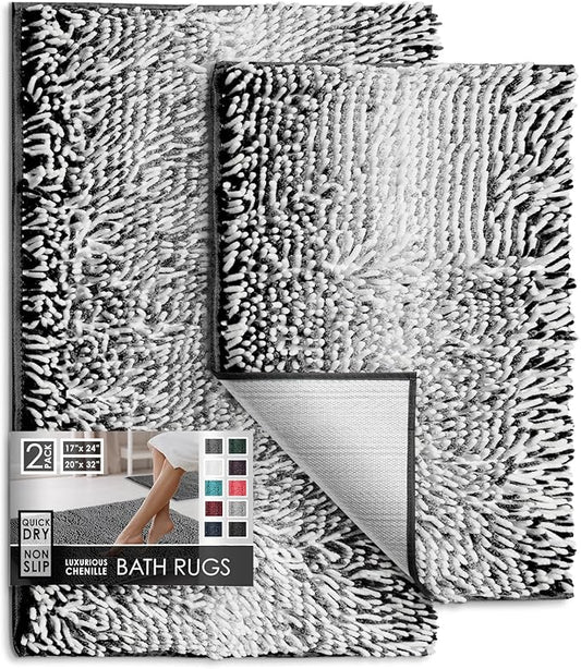 Hearth & Harbor Bathroom Rugs, Chenille Bath Mat - Machine Washable Bath Mats for Bathroom Non-Slip Backing Rubber, Quick Dry Bathroom Mat, 17 x 24 + 20 x 32 - Ombre Black