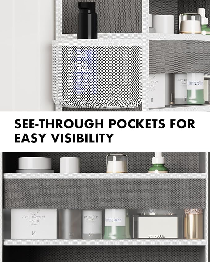 Over The Door Organizer with 6 Large Clear Pockets 12 Mesh Side Pockets - 50LB Heavy Duty Behind Door Storage, Door Hanging Storage for Closet Bathroom Pantry Nursery Laundry