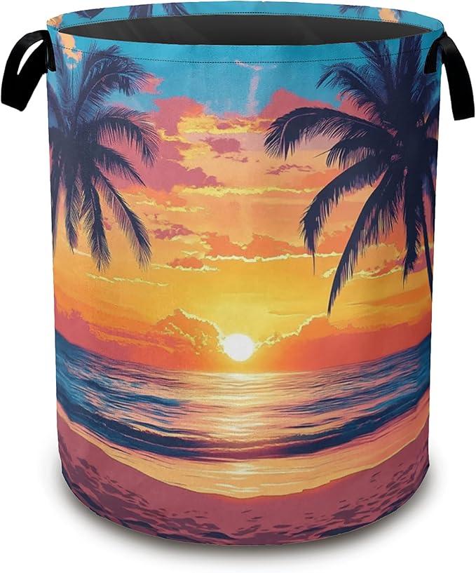 Laundry Hamper,Tropical Palm Laundry Basket,Sunset Sea Beach Waterproof Oxford Cloth Storage Basket with Handle for Clothes Books Nursery Home Storage Sundries 16"x20"