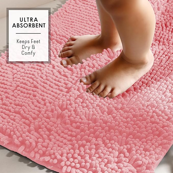 Hearth & Harbor Bathroom Rugs, Chenille Bath Mat - Machine Washable Bath Mats for Bathroom Non-Slip Backing Rubber, Quick Dry Bathroom Mat, 17 x 24 - Pink