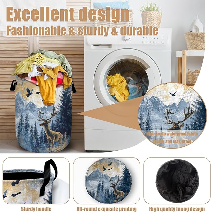 Misty Forest Deer Laundry Basket, Foldable Waterproof Laundry Hamper Tote Bag Dirty Clothes Storage Bucket Toy Organizer for Bathroom/Laundry/Bedroom 15.7"x19.6"