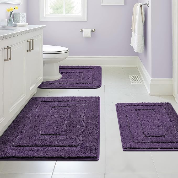 GRANNY SAYS Bathroom Rugs Sets 3 Piece, Soft Absorbent Microfiber Bath Mats for Bathroom Non Slip Washable, U-Shaped Toilet Bath Rugs for Tub Shower (Purple, 16" x 24" + 20" x 32" + 20" x 24")
