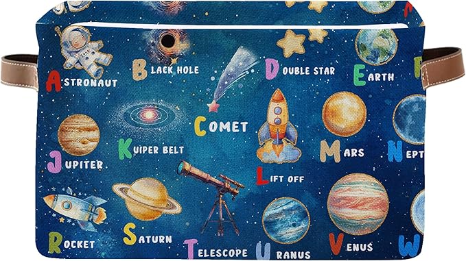 Space Planet Rectangle Storage Basket - Space Themed Collection Collapsible Storage Baskets with Handles - Astronaut Toy Bins - Cosmic Rocket Pattern Storages Bin for Kids Clothes, Gift, Book