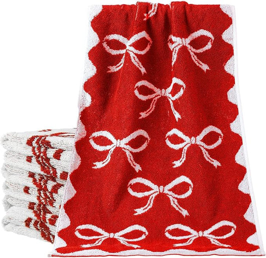 4 Pcs Christmas Bow Hand Towels for Bathroom 13 x 29'' Soft 100% Cotton Red Christmas Face Towel Kitchen Decor Absorbent Preppy Bathroom Decor Bridal Shower Wedding Gift