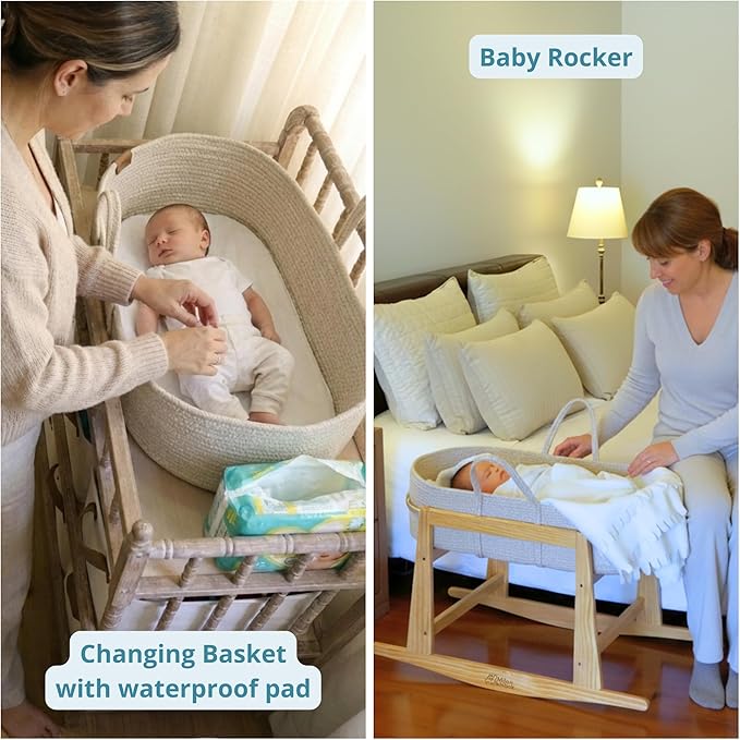 Milo & Nook Baby Changing Basket with Pad & Moses Basket Stand – Soft Cotton Nursery Basket, Waterproof Pad & Removable Washable Cover, Complete Changing Station for Newborn