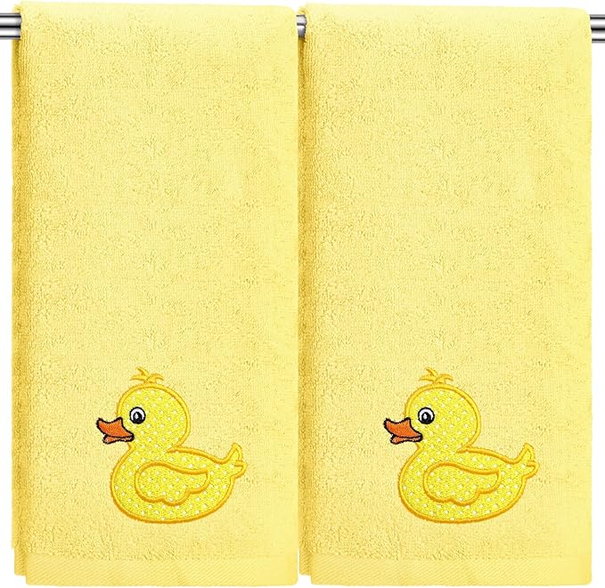 2 Pcs Rubber Ducky Hand Towels Yellow Bathroom Decor 14x29 Inch Embroidered 100% Cotton Soft Absorbent Spring Summer Decorative Hand Towels for Bathroom Kitchen
