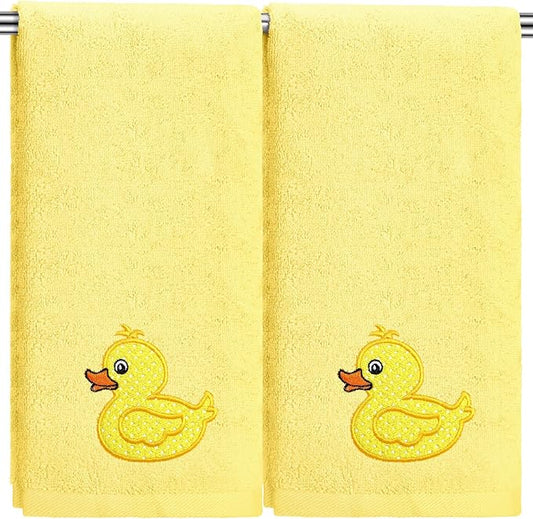 2 Pcs Rubber Ducky Hand Towels Yellow Bathroom Decor 14x29 Inch Embroidered 100% Cotton Soft Absorbent Spring Summer Decorative Hand Towels for Bathroom Kitchen