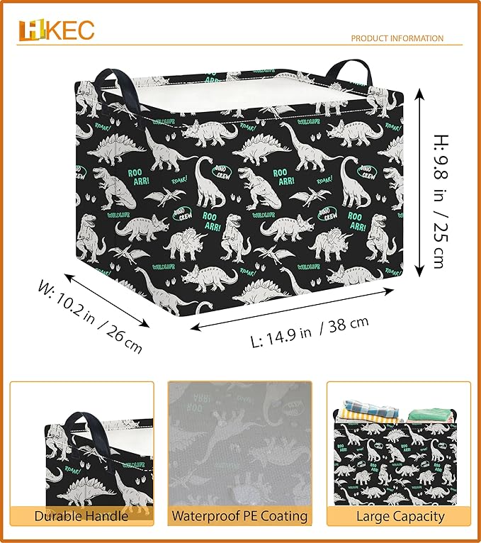Rectangle Storage Basket with Handles,Collapsible Storage Bin,Books Box,Gift Basket(Green Word Dinosaur)
