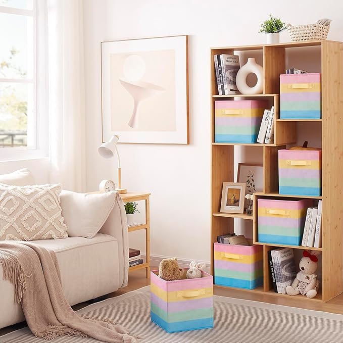 11 Inch Fabric Collapsible Storage Cubes,3 Pack Rainbow Colored Closet Storage Bins with 2 Handles Foldable Cube Baskets for Organizing Clothes, Toys, Books