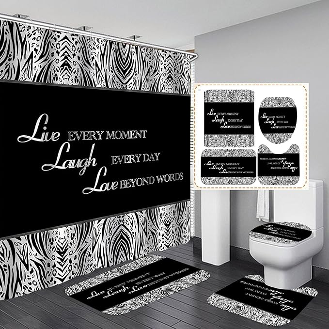 4PCS/Set Inspirational Quotes Shower curtain, Black and White Modern Zebra Pattern Motivational Bathroom Decor, Waterproof Fabric Shower curtain, Non-slip Bath Rugs Toilet Mat, Live Laugh Love