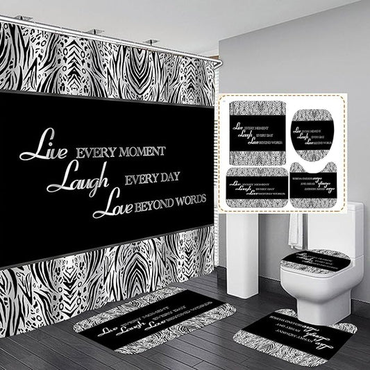4PCS/Set Inspirational Quotes Shower curtain, Black and White Modern Zebra Pattern Motivational Bathroom Decor, Waterproof Fabric Shower curtain, Non-slip Bath Rugs Toilet Mat, Live Laugh Love