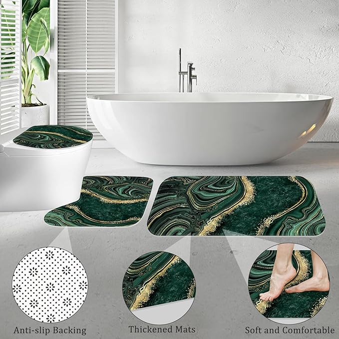 4PCS Emerald Green Marble Bathroom Set with Shower Curtain, Bath Mat, Toilet Lid Cover & U-Shaped Rug, Dark Green Shower Curtain Set for Bathroom