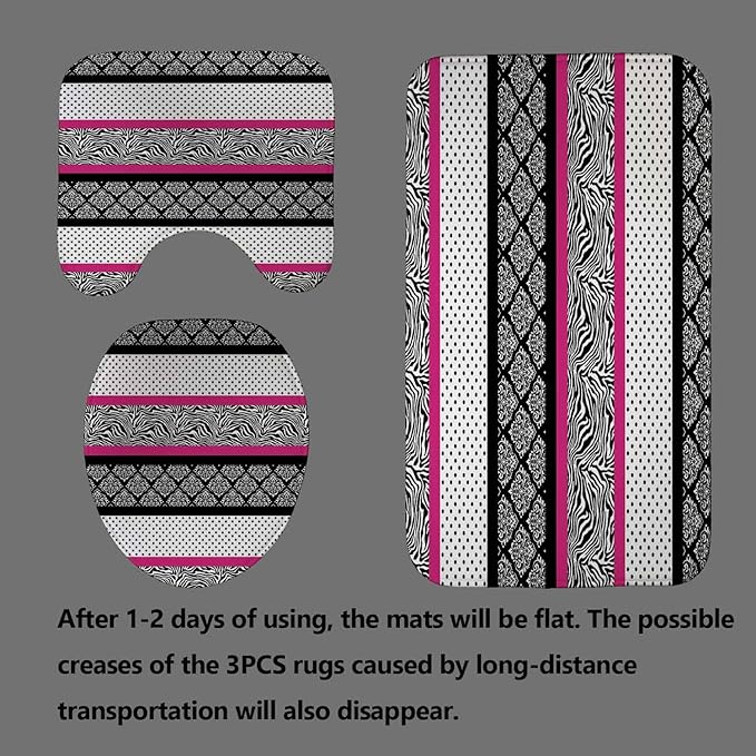 4PCS Patchwork Shower Curtain Sets with Rugs, Waterproof Fabric Black and White Shower Curtain, Abstract Zebra Striped Hot Pink Safari Wildlife Wild Animal Skin Polka Dot Modern Bathroom Decor