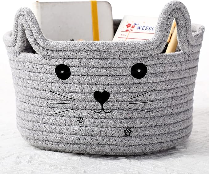 Zopeal Cat Basket Storage Woven Organizer with Ears Christmas Decorative Pet Toy Cute Cotton Rope Basket for Gift Cat Dog Toy Bin Nursery Room(8.3 x 4.7 Inch,Light Gray)