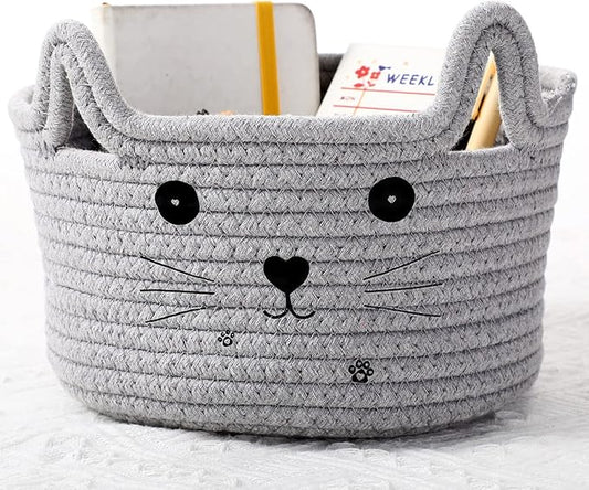 Zopeal Cat Basket Storage Woven Organizer with Ears Christmas Decorative Pet Toy Cute Cotton Rope Basket for Gift Cat Dog Toy Bin Nursery Room(8.3 x 4.7 Inch,Light Gray)