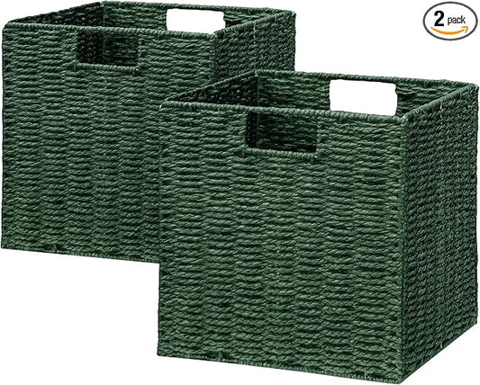Vagusicc Wicker Storage Basket, Set of 2 Hand-Woven Paper Rope Wicker Baskets, Foldable Cube Storage Bins, Square Storage Baskets for Organizing Shelves & Decor, Green (11″×11″×11″)