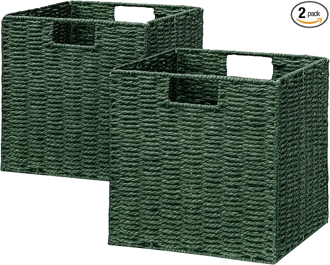 Vagusicc Wicker Storage Basket, Set of 2 Hand-Woven Paper Rope Wicker Basket, Foldable Cube Storage Bins, 9 inch Square Storage Baskets for Organizing Shelves & Decor, Green (9″×9″×9″)