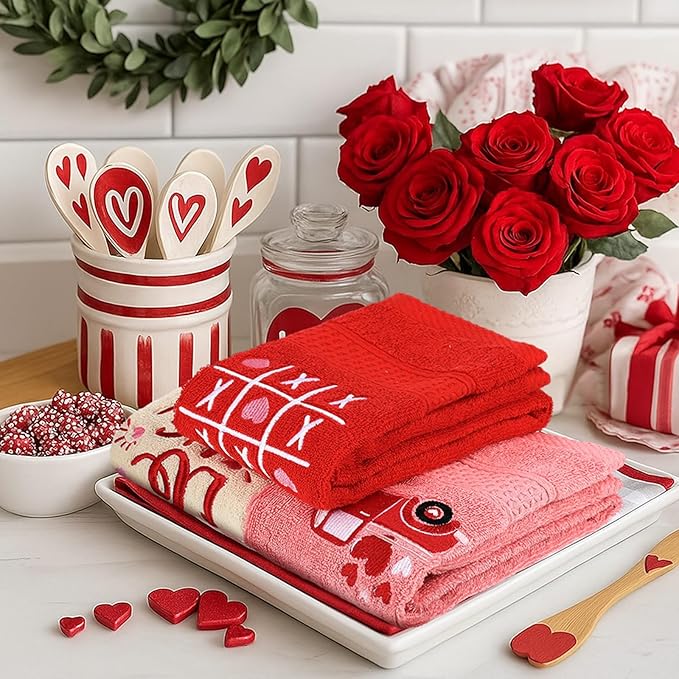 3 Pcs Valentine's Day Hand Towels for Bathroom Love Heart Embroidered Bathroom Towels Valentines Farmhouse 13.78 x 29.53 Inch Absorbent Soft Cotton for Kitchen Dish Fast Drying Decor