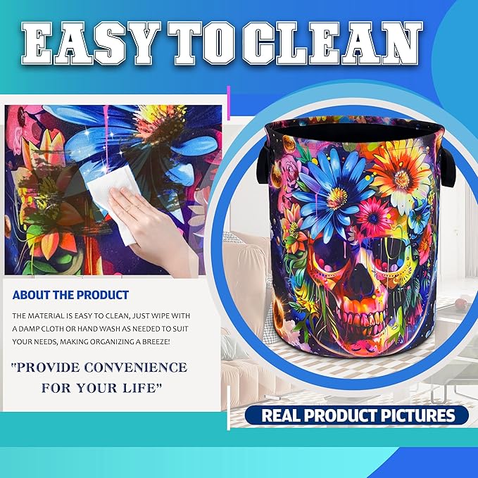 Skull Flowers Laundry Basket Oxford Cloth Funny Skeleton Laundry Hamper With Handle Foldable Portable Clothes Storage Basket 18.9 X 16.5 In Storage Bag For Laundry Room/Bathroom/Bedroom/Dormitories