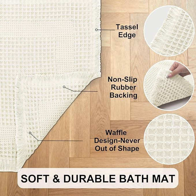 Hiasan Set of 2 Waffle Bath Mat, Super Absorbent Non Slip Bathroom Boho Rug with Tassels, Machine Washable Bath Mats for Bathroom, Ultra Soft Rubber Backed Rug, Loop-White, 16" x 24" + 20" x 32"