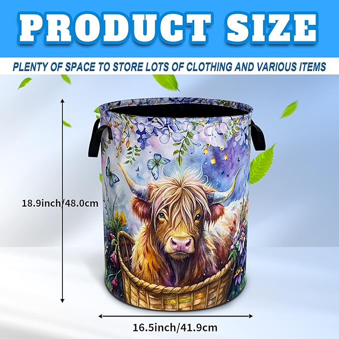 Highland Cow Laundry Basket Highland Cattle Oxford Cloth Laundry Hamper With Handle Foldable Portable Clothes Storage Basket 18.9 X 16.5 Inch Storage Bag For Laundry Room/Bathroom/Bedroom/Dormitories