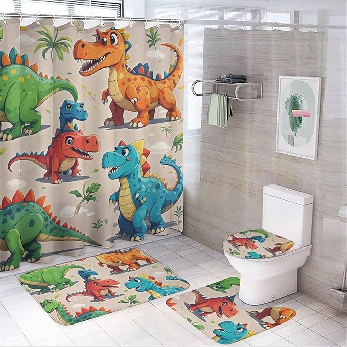 4 Piece Bathroom Rug Set with Shower Curtain, Non-Slip Bath Mat Toilet Cover Set, Cartoon Dinosaur Bathroom Rug Sets
