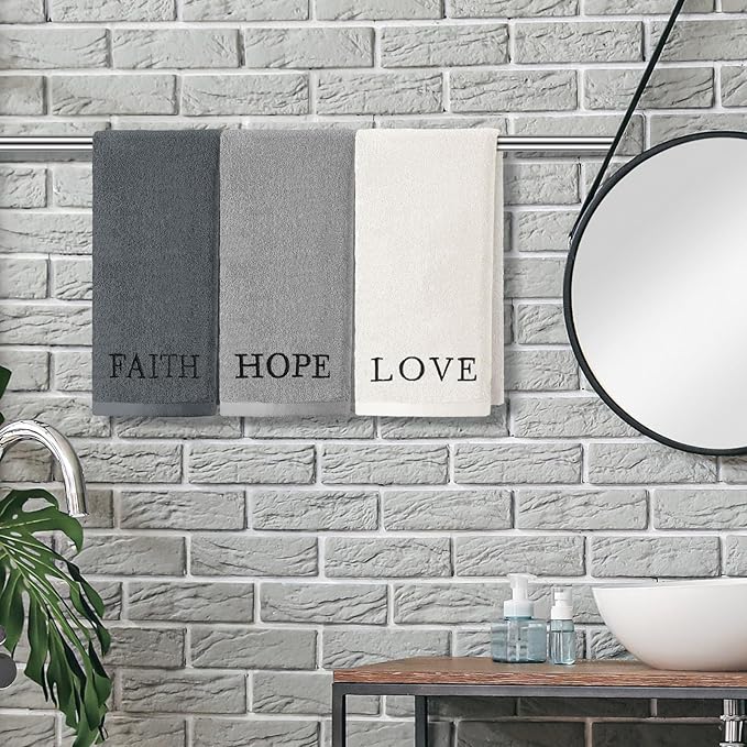 3 Pcs Faith Hope Love Farmhouse Decorative Hand Towels for Bathroom and Kitchen Rustic Embroidered 100% Cotton Hand Towels Decorative Set for Boho Bathroom Decor