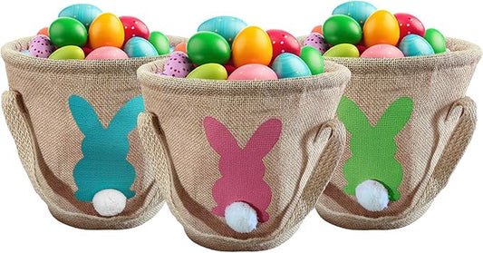 3Pcs Easter Bunny Basket for Kids - Burlap Carrying with Two Handles Gift and Eggs Hunt Bag, Fluffy Tails Printed Rabbit Toys Bucket Tote Basket Bags for Girls & Boys (Green, Blue, Pink)