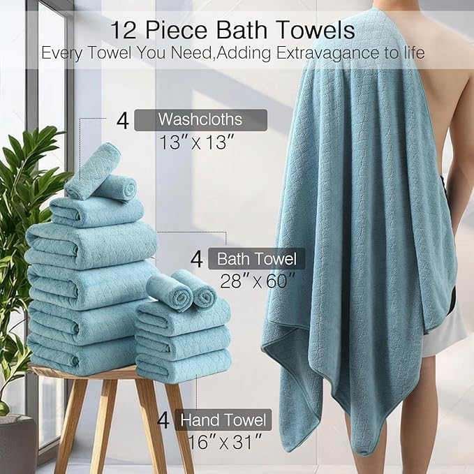 Hailea Luxury Bath Towels Set - 12 Piece (4 Large Bath Towels,4 Hand Towels,4 Washcloths), 100% Microfiber,Extra Absorbent Super Soft & Quick Dry,Complete Family Pack for Bathroom Gym Pool,Turquoise