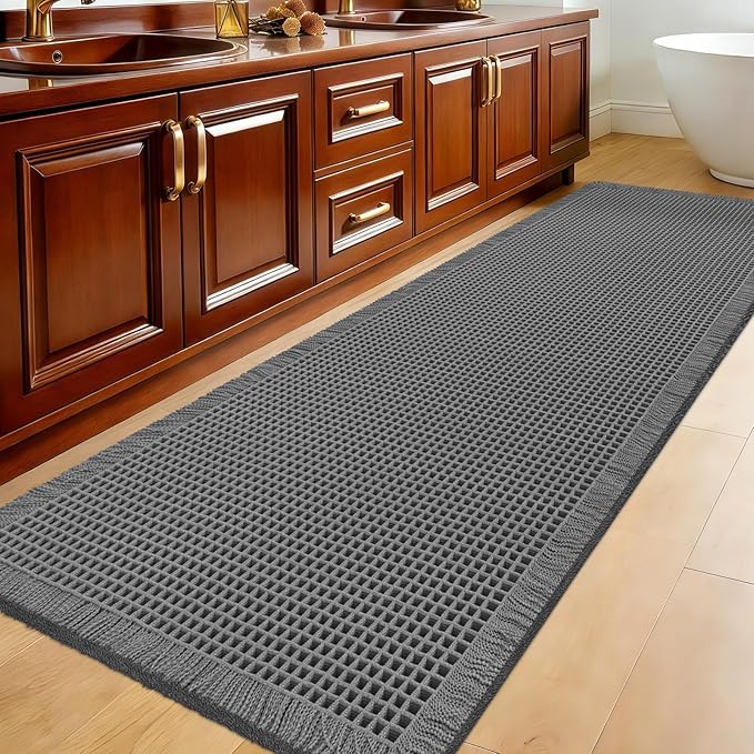 ACCUMTEK Extra Large Waffle Bath Mat, 6'x2' Grey, Super Absorbent Non-Slip Quick Dry Bathroom Rugs with Tassels, Machine Washable Ultra Soft Boho Bath Rugs for Floor, Toilet Mats Boho Farmhouse Decor