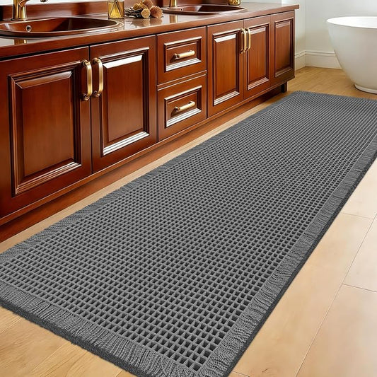 ACCUMTEK Extra Large Waffle Bath Mat, 6'x2' Grey, Super Absorbent Non-Slip Quick Dry Bathroom Rugs with Tassels, Machine Washable Ultra Soft Boho Bath Rugs for Floor, Toilet Mats Boho Farmhouse Decor