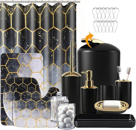 25 Pieces Bathroom Set Black and Gold Bathroom Accessories Set, Shower Curtain and Rugs, Trash Can, Toilet Brush, Soap Dispenser, Soap Dish, Toothbrush Holder, Tumbler, Tray, Qtip Holder